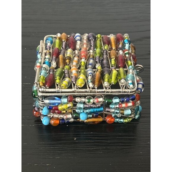 Handcrafted Glass Beaded Trinket Box Multicolored Glass Beads Hinged Lid BOHO - Picture 5 of 9